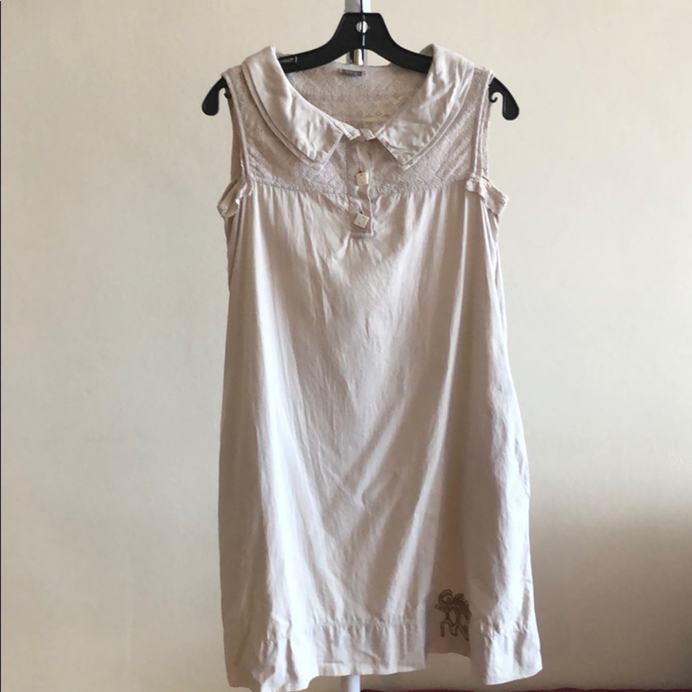 Grey shift sleeveless cotton dress lace & pockets